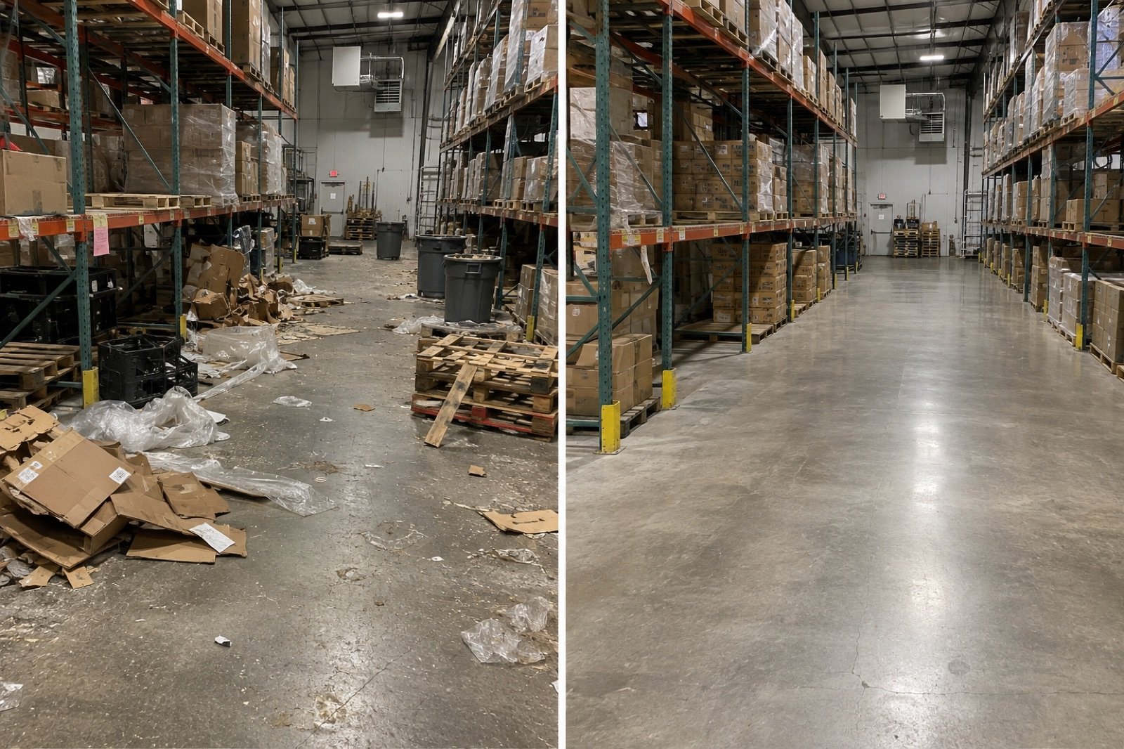 Before and after photo of a commercial warehouse cleanout