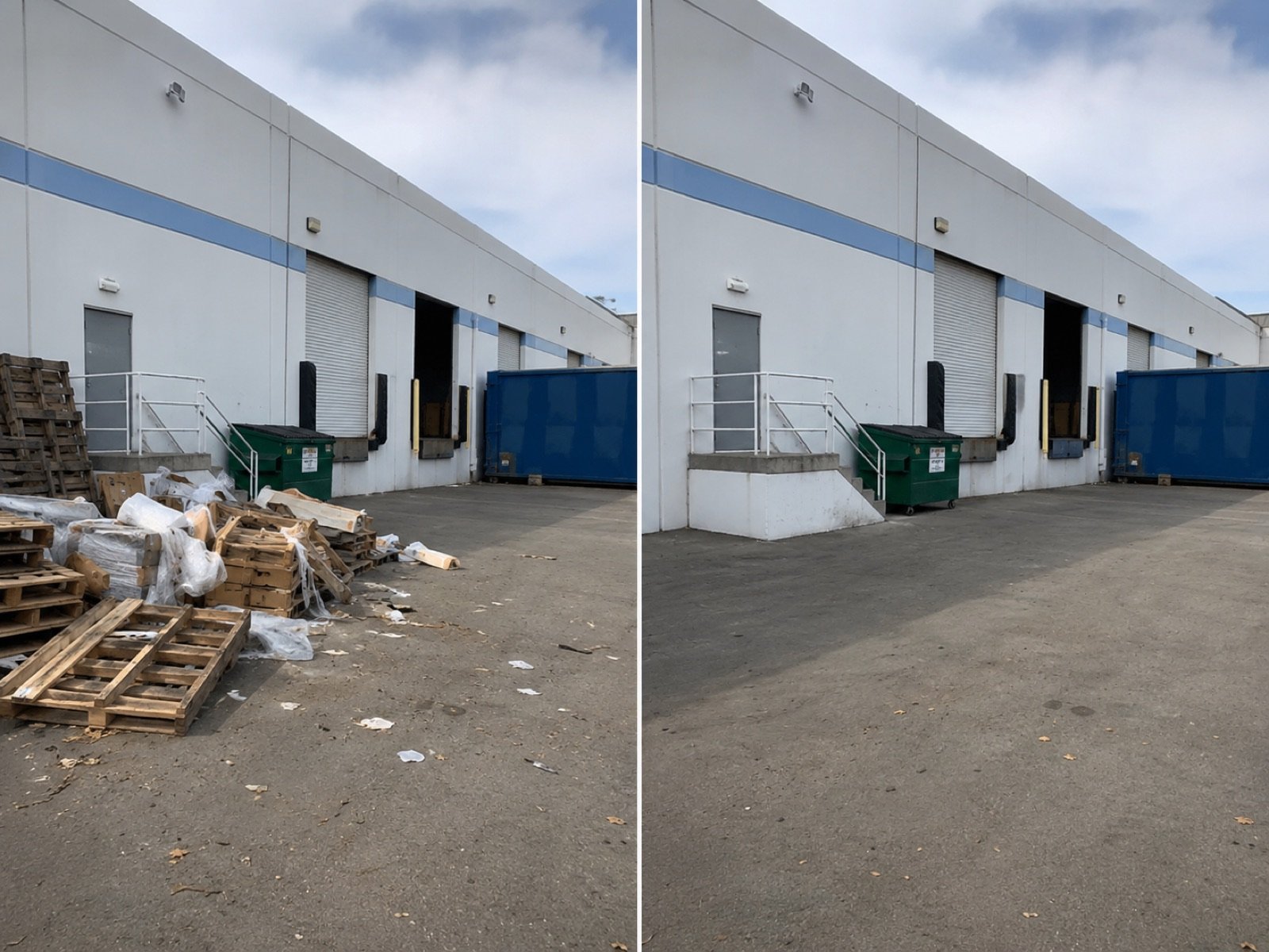 Before and after photo of a commercial patio cleanout