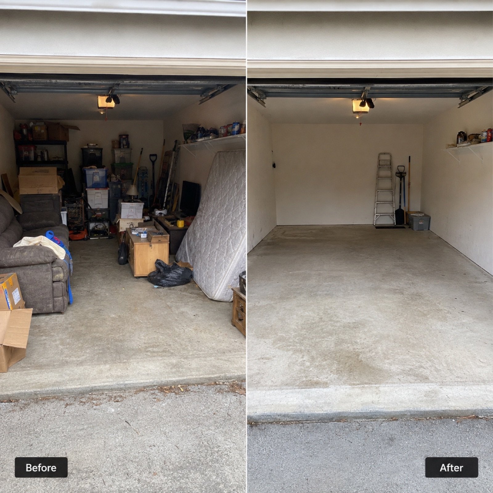 Before and after photo of a residential garage cleanout