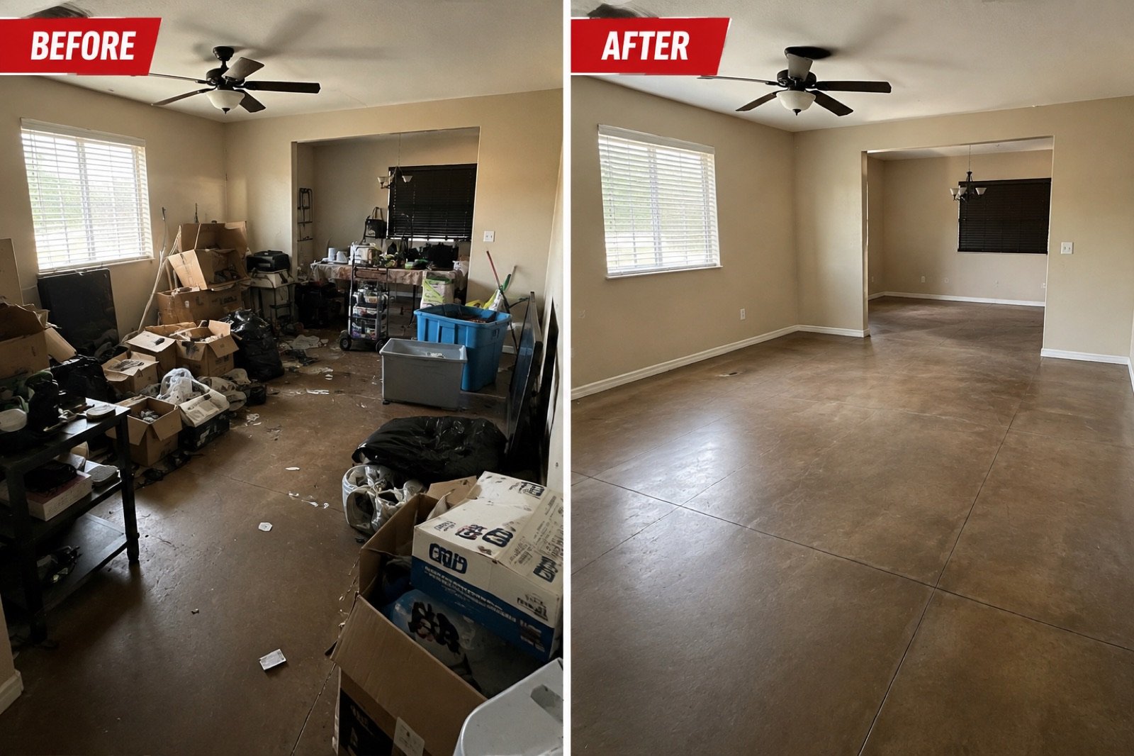 Before and after photo of a residential interior cleanout