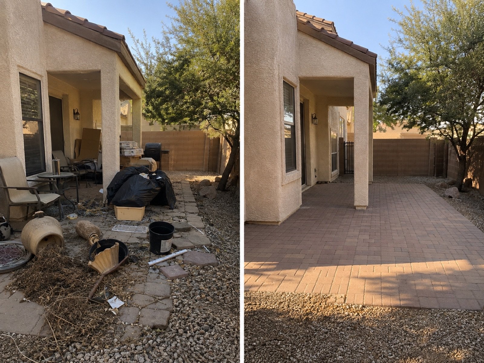 Before and after photo of a backyard shed demolition and debris removal