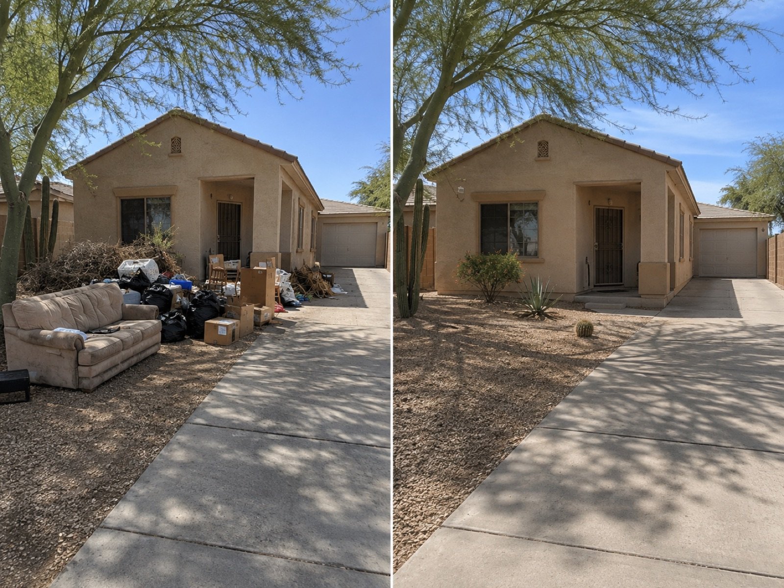 Before and after photo of a residential front yard junk removal