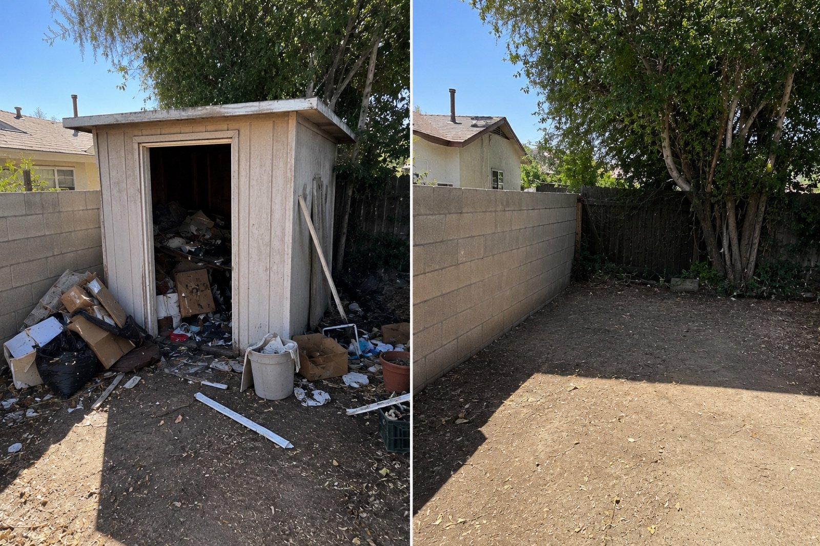 Before and after photo of a residential patio cleanout