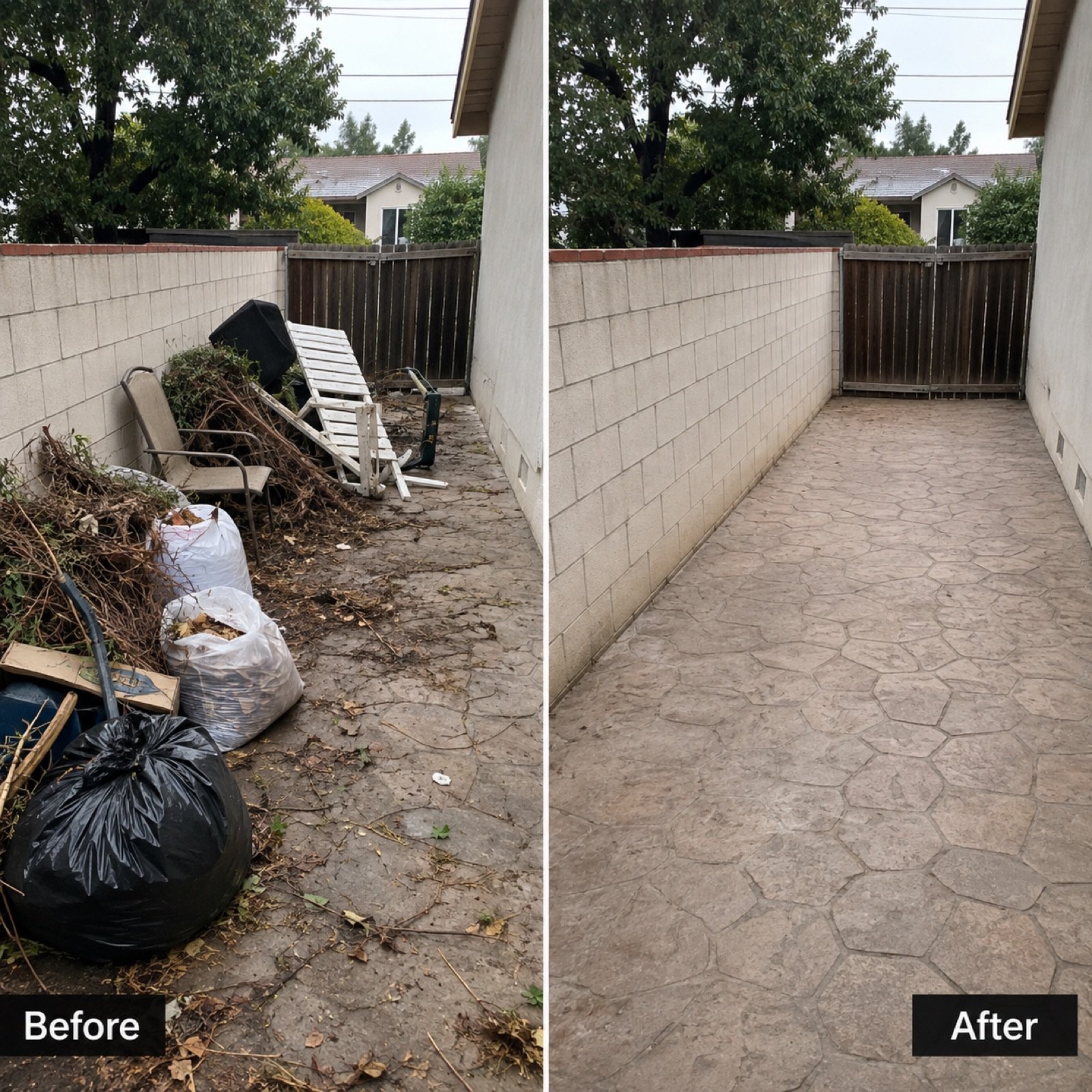 Before and after photo of a residential patio and yard cleanout