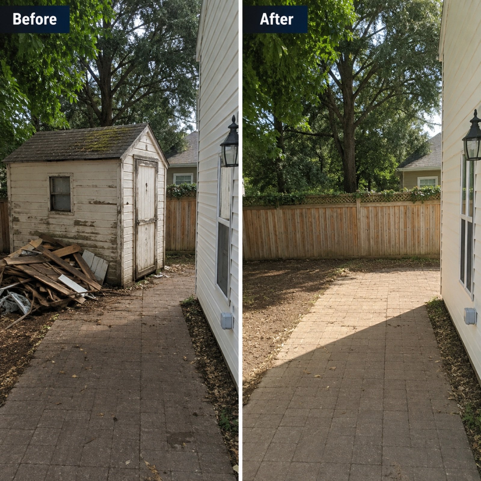 Before and after photo of a patio demolition debris removal