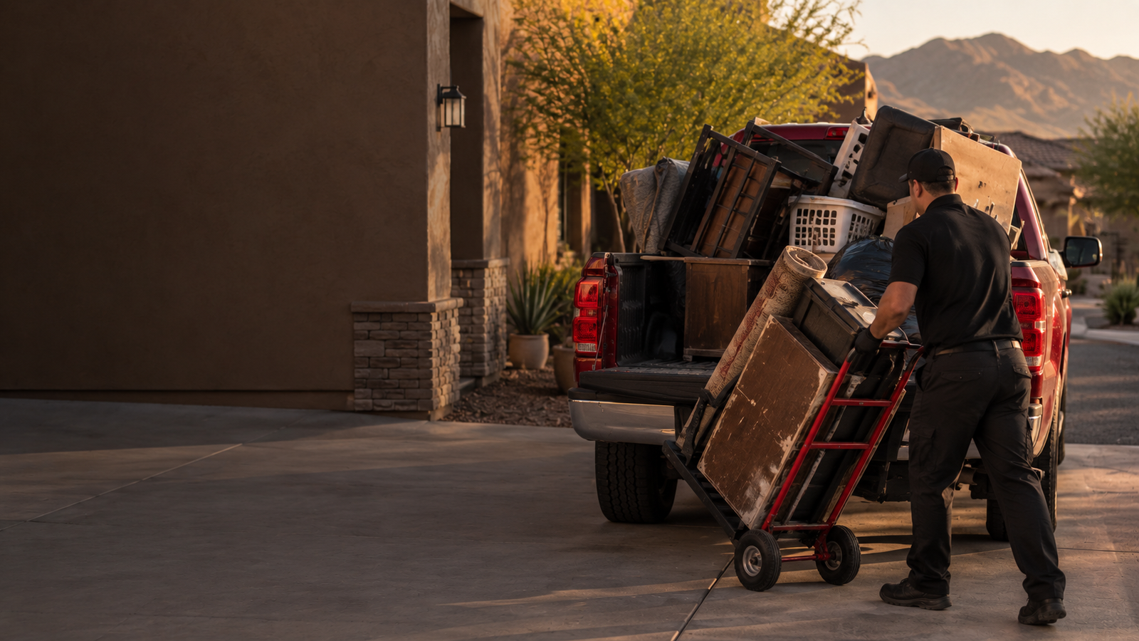 A junk removal technician loading a hand truck stacked with furniture, a rolled rug, and a laundry basket into the fully loaded bed of the company's red pickup truck in a driveway at golden hour