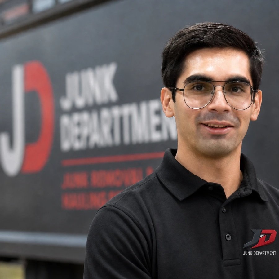 Hugo Velasquez, owner of Junk Department, standing in front of the company truck